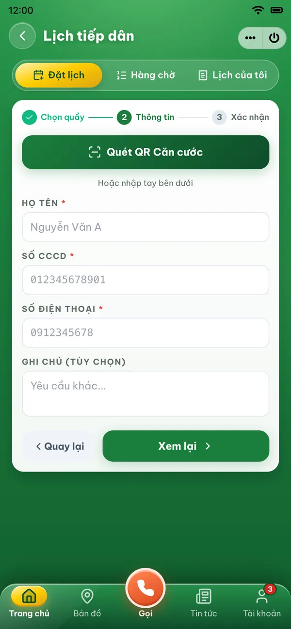 Đặt lịch tiếp dân với nút quét QR căn cước
